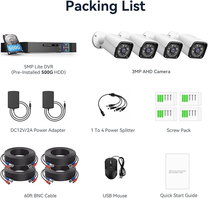 Wired Security Camera System Outdoor, 4X 3MP CCTV Camera, 500G HDD