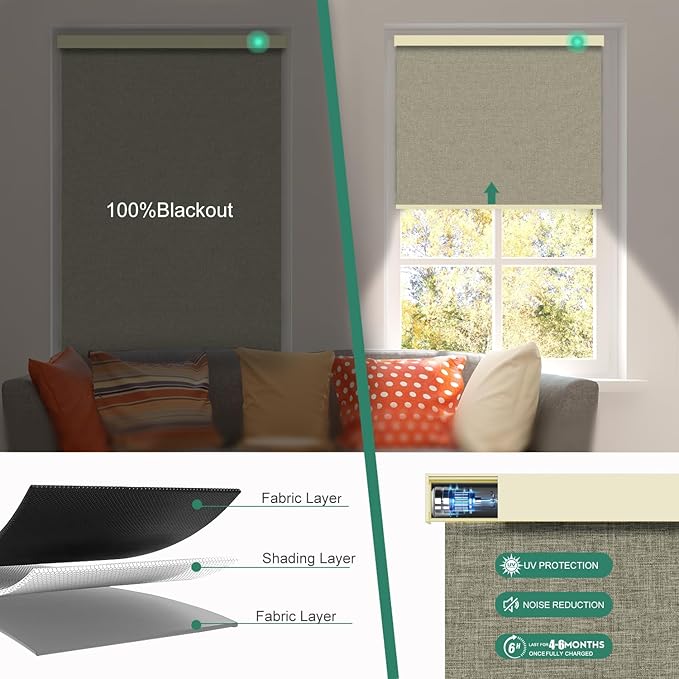 Motorized Blinds with Remote [100% Blackout & Silent Motor] Smart Blinds Compatible with Alexa Google HomeKit, Electric Roller Shades for Indoor Windows, Customized Size, Mist Brown