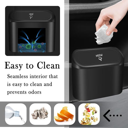 Portable Car Trash Cans with 2 Rolls Garbage Bag,Push-on Car Trash Bin with Lid & Hook for in-Vehicle Waste Disposal,Multipurpose Seat Organizer & Storage for Most Vehicles (Black)