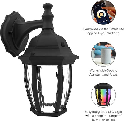Maxxima Luvoni WiFi LED Outdoor Wall Light, 850 Lumens, CCT 2700K-6500K | Smart, Black w/ Clear Water Glass, App Controlled Porch Lantern, Dimmable, Works with Google Home/Alexa, by Maxxima