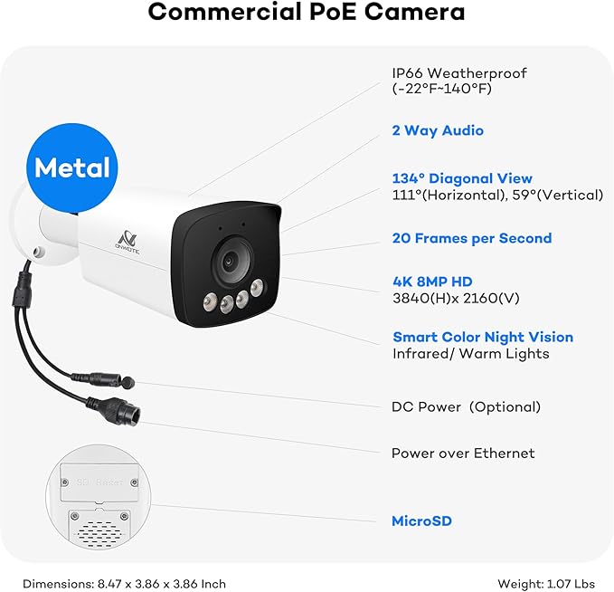 ONWOTE PoE IP Security Camera, 2 Way Audio, Smart Color Night Vision, AI Human Vehicle Detection, 134° Wide View, Commercial Wired CCTV for Business Home, Add-on to NVR System, Indoor/Outdoor