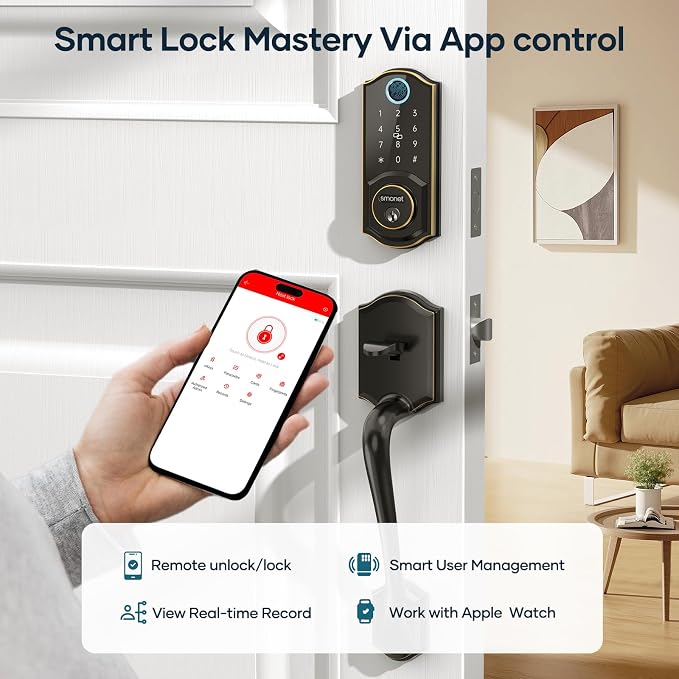 SMONET Front Door Lock Set Keyless Entry, Smart Door Lock with Handle, Fingerprint Keypad Bluetooth Alexa Deadbolt Lockset Suitables for Rental Management and Smart Home Residents