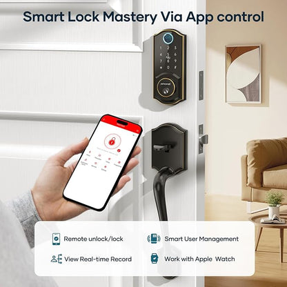 SMONET Front Door Lock Set Keyless Entry, Smart Door Lock with Handle, Fingerprint Keypad Bluetooth Alexa Deadbolt Lockset Suitables for Rental Management and Smart Home Residents