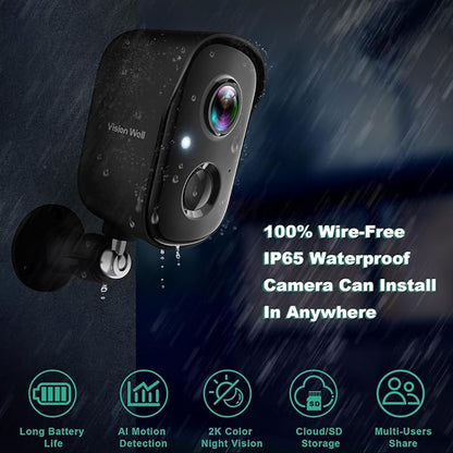 Security Cameras Wireless Outdoor, 2K Battery Powered AI Motion Detection Spotlight Siren Alarm WiFi Surveillance Indoor Home Camera, Color Night Vision, 2-Way Talk, Cloud/SD Storage-Black WiFi Camera