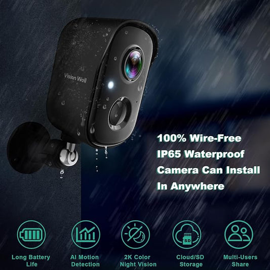 Security Cameras Wireless Outdoor, 2K Battery Powered AI Motion Detection Spotlight Siren Alarm WiFi Surveillance Indoor Home Camera, Color Night Vision, 2-Way Talk, Cloud/SD Storage-Black WiFi Camera