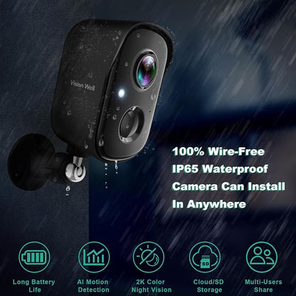 Security Cameras Wireless Outdoor, 2K Indoor Cameras for Home Security Battery Powered, AI Motion Detection, Color Night Vision, 2-Way Talk, Spotlight Siren Alarm, Cloud & SD Storage-Jet Black 2 Pack