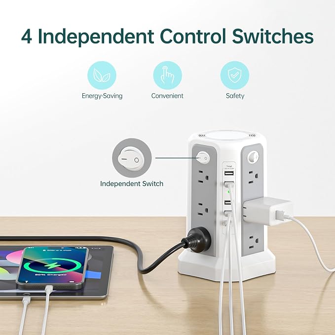 2PS Surge Protector Power Strip Tower 10FT（4A1C with PD18W USB C Port