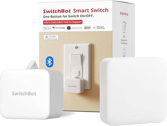 Switchbot Smart Switch Button Pusher (Bluetooth) with Hub Mini Matter – Fingerbot for Rocker Switch/One-Way Buttons, App Timer Control, No Wiring, Voice/Remote Control, White