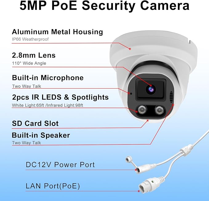 5MP PoE IP Dome Security Camera Outdoor, Full Color Turret IP Camera with Smart Dual Light, Two Way Talk, SD Card Slot, 98ft Night Vision, 110°Wide Angle, Human/Vehicle Detection