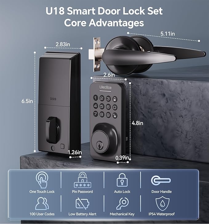 Ulecoce Keyless Entry Keypad Deadbolt with Handle Set, Smart Lock, Auto-Lock + One-Touch Lock, 100 Codes + 15-Min Easy Install, Ideal for Airbnb/Homes/Offices, Fits U.S. Standard Front Doors, Black