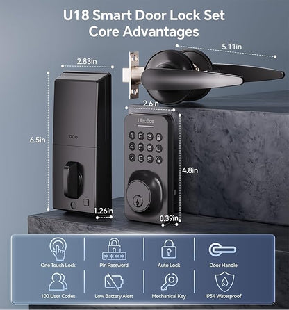 Ulecoce Keyless Entry Keypad Deadbolt with Handle Set, Smart Lock, Auto-Lock + One-Touch Lock, 100 Codes + 15-Min Easy Install, Ideal for Airbnb/Homes/Offices, Fits U.S. Standard Front Doors, Black