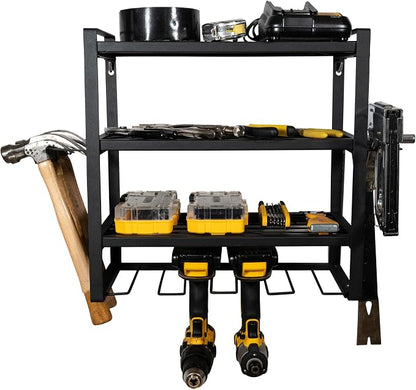 Pearington Wall Mount Power Tool Organizer, 4-Layer Drill Rack with Screwdriver, Plier, and Hammer Holders, Heavy-Duty Metal Garage Storage Shelf, Black