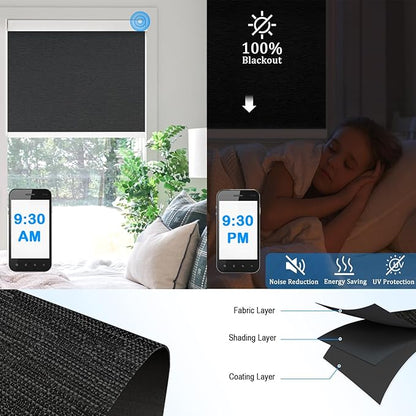 Motorized Blinds with Remote Cordless Automatic Motorized Shades Custom Blinds for Windows Smart Curtains Compatible with Alexa Google Home(Blackout Jacquard Black,W50 x H72in)