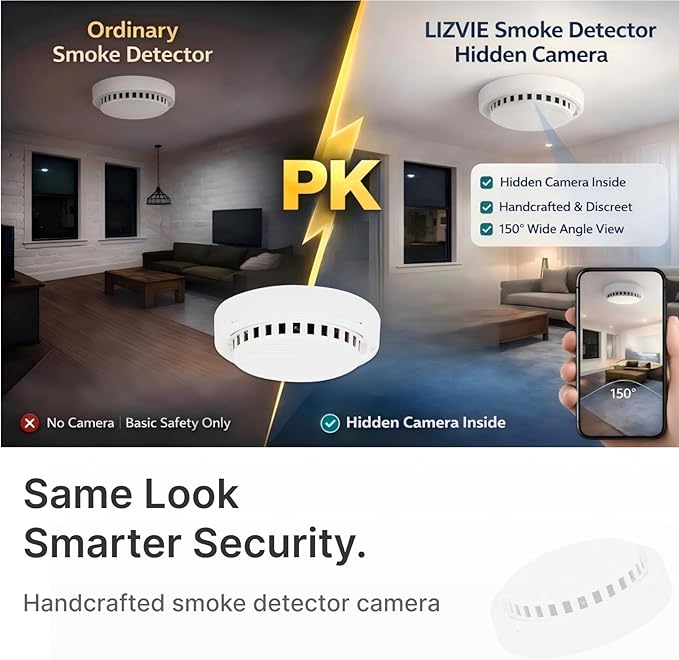 LIZVIE Handcrafted DIY 2K Smoke Detector Camera – 5000mAh*2 with150° Wide Angle Motion Detection/Night Vision/APP Remote Control/SD Storage/Nanny Cam for Indoor Home Security.