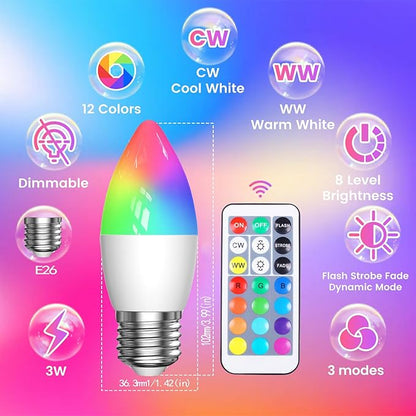 Luxvista B10 RGB LED Light Bulb - E26 Color Changing LED Bulb - 3W RGB+Daylight+Warm White, B10 Chandelier Colored Candle Bulb for Home Decoration Party (2-Pack)