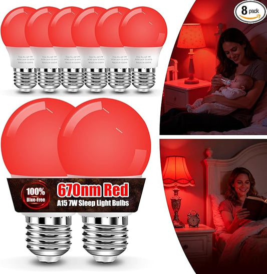 BoRccdit 670nm Red Light Bulbs for Sleep, Lab-Certified Deep Red Light Bulb 100% Blue Light Blocking, A15 7W Dim Red LED Night Light Bulb for Bedroom, Baby Nursery, Read (8PK, White Shell, Red Glows)