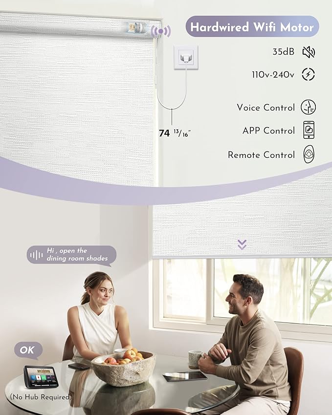 Graywind Motorized Shades 100% Blackout Work with Alexa Google WiFi Hardwired Smart Roller Shade Remote Control Automated Blinds, Customized Size (Jacquard White)