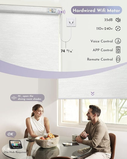 Graywind Motorized Shades 100% Blackout Work with Alexa Google WiFi Hardwired Smart Roller Shade Remote Control Automated Blinds, Customized Size (Jacquard White)