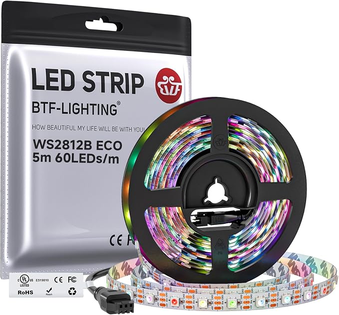 BTF-LIGHTING WS2812B ECO RGB LED Strip,UL Listed,Individually Addressable,16.4FT 60LED/m 300Pixel DC5V 5050SMD,Alloy Wire Flexible 3M Tape for DIY Chasing Color Project IP30(No Adapter or Controller)