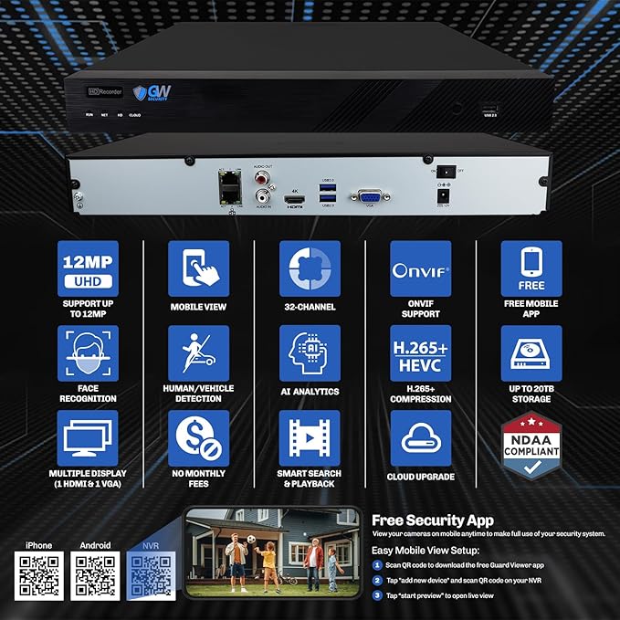 GW Security 32 Channel 12MP NVR 4K AI Face Recognition Human & Vehicle Detection Security Camera System with 32 UHD 8MP 2160P PoE Microphone Outdoor/Indoor Weatherproof IP Security Cameras (White)