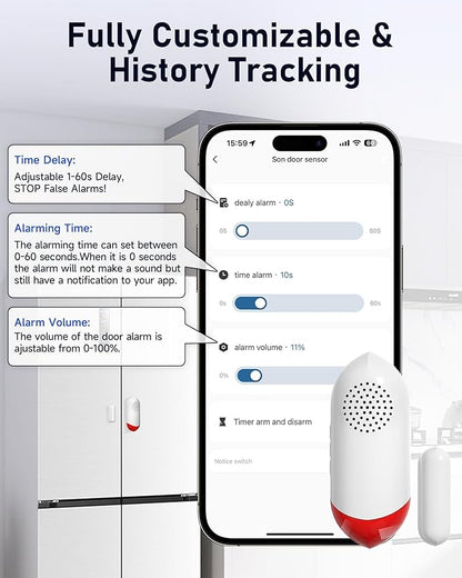 PILSAMAS Smart WiFi Freezer Refrigerator Door Alarm with APP Alerts, No Subscription Fee, 0-60s Delay, Scheduled Arm/Disarm, 0-120dB Adjustable Siren with Light for Fridge/Home/Commercial