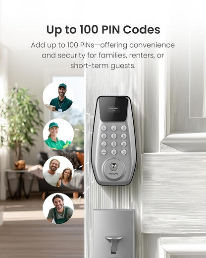 DESLOC C100 Keyless Entry Door Lock with Handle Set, Visual Display | Smart Deadbolt Lock with 100 PIN Codes, Passage Mode, 2 Keys, IP54 Weather Resistance, 12-Month Battery, Auto Lock, Silver