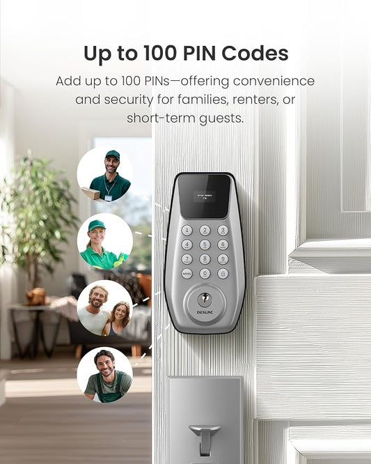 DESLOC C100 Keyless Entry Door Lock with Handle Set, Visual Display | Smart Deadbolt Lock with 100 PIN Codes, Passage Mode, 2 Keys, IP54 Weather Resistance, 12-Month Battery, Auto Lock, Silver