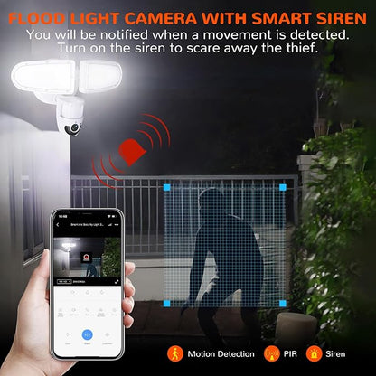 JJC Security Floodlight Camera Outdoor,1080P Smart Motion Sensor Outdoor Lights with Camera(4 Working Modes), 110dB Siren 25W 2200 Lumen Brightness, IP65 Weatherproof, 2-Way Talk