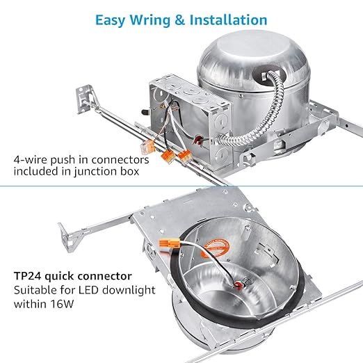 TORCHSTAR 8-Pack 6 Inch Shallow New Construction Recessed Lighting Housing, IC Rated & Air Tight Ceiling LED Downlight Can with J-Box, ETL Listed Slim/Narrow Can Light Housing, TP24 Connector