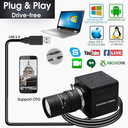 SVPRO 4K Ultra HD Webcam USB Digital Industrial Camera with CS Mount 5-50mm Telephoto Zoom Manual Lens UVC Free Drive,10X Optical Zoom Video Camera with Sony IMX317 Sensor