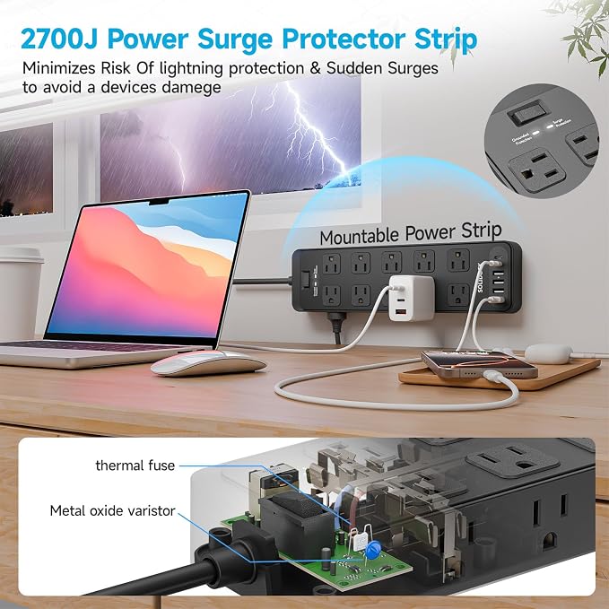 20AC Power Strip with USB Ports, Heavy Duty Surge Protector Power Strip 15 Amp, 6Ft Extension Cord with Multiple Outlets (Black, 6.5FT)
