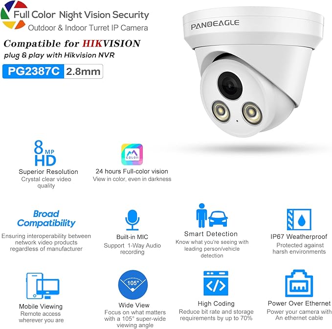 PANOEAGLE 8MP Security POE Camera, 4K IP Camera Outdoor with Human/Vehicle Detection, 24/7 Full Color Night Vision, Built-in Mic, 2.8mm Fixed F1.0 Lens, IP67 Waterproof(PG2387C-28)