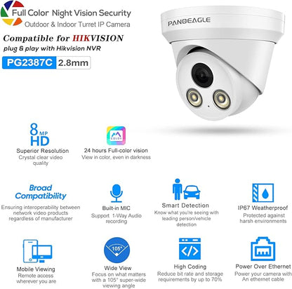 PANOEAGLE 8MP Security POE Camera, 4K IP Camera Outdoor with Human/Vehicle Detection, 24/7 Full Color Night Vision, Built-in Mic, 2.8mm Fixed F1.0 Lens, IP67 Waterproof(PG2387C-28)