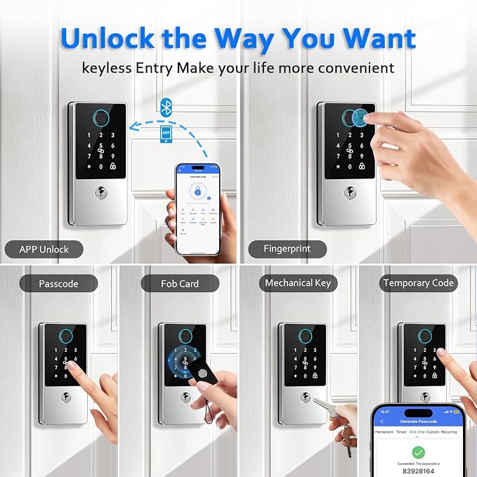 Smart Door Lock Deadbolt, Keyless Entry Door Lock with Fingerprint & Keypad,App Control,Auto Lock,Electronic Digital Lock for Front Door Home Apartment Rental,Easy Installation,Satin Nickel Silver