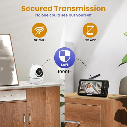 Baby Monitor with Camera and Audio – 720P Baby Camera No WiFi, 5" HD Display,Remote Pan& Tilt& Zoom, 48 Hours Battery Life, HD Night Vision, Two-Way Talk, Lullabies, Thermal Monitor, 1000ft Range