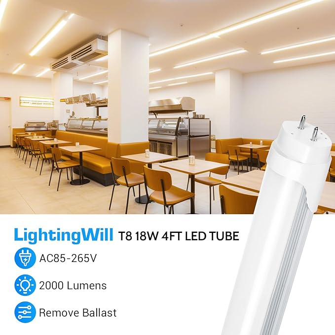 LightingWill LED T8 Light Tube 4FT, Natural White 4000K, Dual-End Powered Ballast Bypass, 2000Lumen 18W (40W Equivalent Fluorescent Bulb Replacement), Clear Cover, AC85-265V Lighting Fixture, 4 Pack