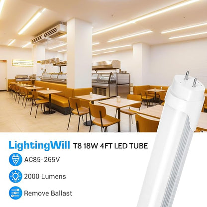 LightingWill LED T8 Light Tube 4FT, Natural White 4000K, Dual-End Powered Ballast Bypass, 2000Lumen 18W (40W Equivalent Fluorescent Bulb Replacement), Clear Cover, AC85-265V Lighting Fixture, 4 Pack