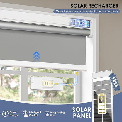 Motorized Blackout Smart Roller Blinds with Remote Control & Solar Panel - Automatic Electric Shades for Windows, Compatible with Alexa - White,29" W*72" H