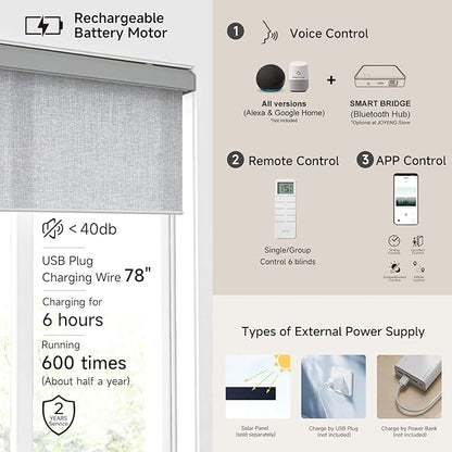 Motorized Light Filtering Roller Shades with Remote Control, Electric Smart Shades Compatible with Alexa and Google, Rechargeable, Customizable Size (Textured Light Grey)