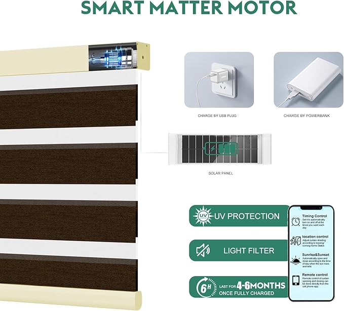 Motorized Zebra Blinds with Remote, Work with HomeKit Alexa Automatic Electric Window Shades 95% Blackout Light Filtering for Smart Home and Office, Customized Size Modern Coffee