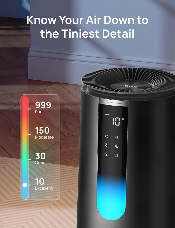 DREO Home Air Purifier 338, Bedroom HEPA Air Cleaner for Dorm Room, Pets, Smoke, Dust, Pollen,Odor with Scent Diffuser,PM2.5 Quality Monitor, 4 Fan Speeds & Auto/Turbo/18dB Quiet Sleep Mode, DR-HAP008