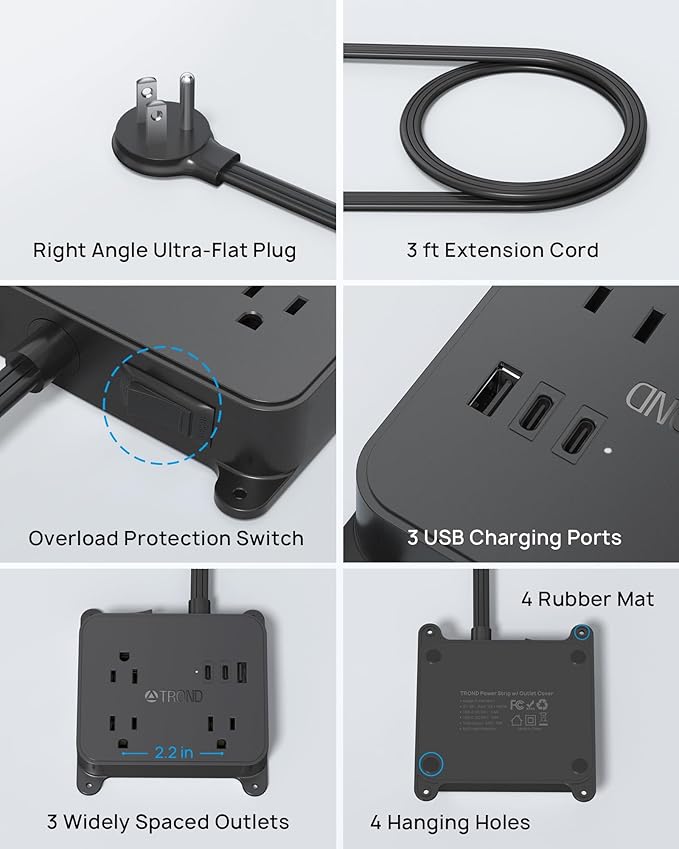 TROND Flat Plug Power Strip, 3FT Short Extension Cord with 3 AC Outlets, Wall Mount Charging Station with 2 USB-C & 1 USB-A, in Cabinet Power Outlet, Attach Behind TV or Under Desk Vanity Counter