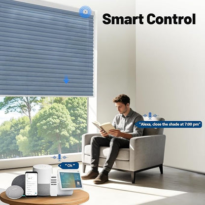 Motorized Cellular Shades with Remote, Light Filtering Smart Cellular Shades Compatible with Alexa, Honeycomb Window Blinds for Bedroom Home Office, Custom Size, Half Shading Blue