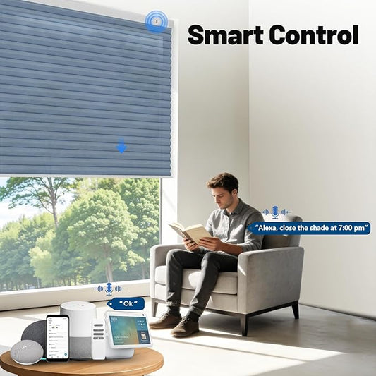 Motorized Cellular Shades with Remote, Light Filtering Smart Cellular Shades Compatible with Alexa, Honeycomb Window Blinds for Bedroom Home Office, Custom Size, Half Shading Blue