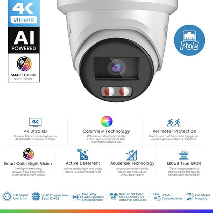 4K 8MP Color View Turret PoE IP Camera Outdoor with Smart Hybrid Light, Strobe Light & Audible Warning, AI VCA, Human/Vehicle Detection, 4K-25fps, 1/1.8" Sensor, F1.0 Aperture, 2-Way Audio, 130 dB WDR