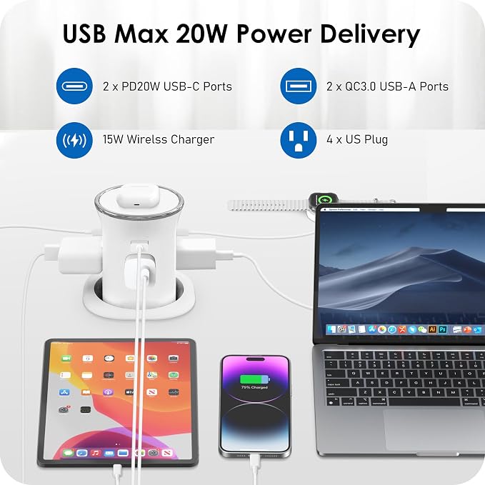 ANNQUAN 3.15" Motorized Pop Up Outlet Wireless Charger 20W USB White 6FT | Pop Up Countertop Receptacle Max 20W Power Delivery Pop Up Electrical Outlet with 4 Outlets 4 USB Ports Home Office Kitchen