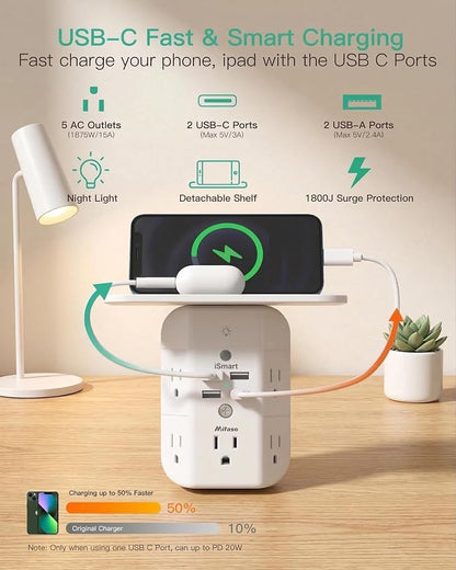 Mifaso PD20W Outlet Extender with Shelf & Night Light, Surge Protector | 5 AC Outlets, 3 USB-A, 1 USB-C, 3-Sided Wide-Space, Multi-Plug Outlet Splitter, 1800J, Ideal for Office, Dorm, RV, Travel