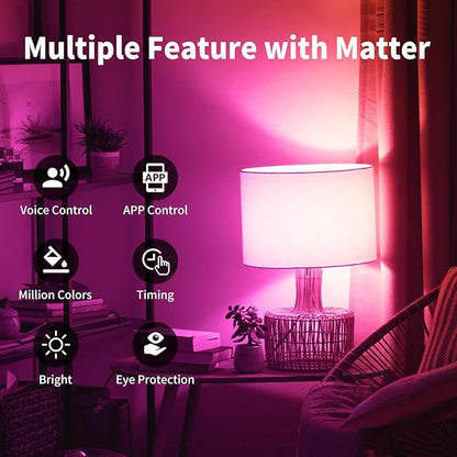 ANWIO Matter Smart Light Bulbs 8.5W (60W Replacement) A19 E26 LED Bulb Compatible with SmartThings App, Alexa, Google Assistant, Color Changing Light Bulb, 806lm,2.4Ghz only,Hub Required（2-Pack）