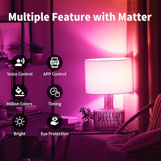 ANWIO Matter Smart Light Bulbs 8.5W (60W Replacement) A19 E26 LED Bulb Compatible with SmartThings App, Alexa, Google Assistant, Color Changing Light Bulb, 806lm,2.4Ghz only,Hub Required（4-Pack）