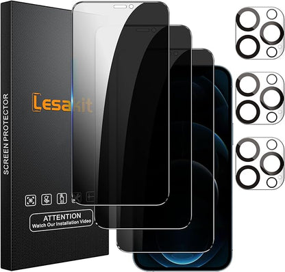 Lesakit 3+3 Pack Privacy Screen Protector for iPhone 12 Pro Max 6.7-Inch with 3 Pack Camera Lens Protector, Anti Spy Tempered Glass Film 9H Hardness Bubble Free Case Friendly